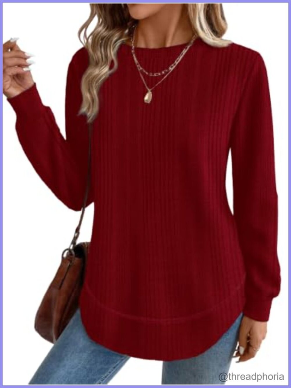 Womens Crew Neck Tunic Sweater Long Sleeve Curved Hem Pullover Top